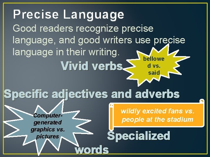 Precise Language Good readers recognize precise language, and good writers use precise language in