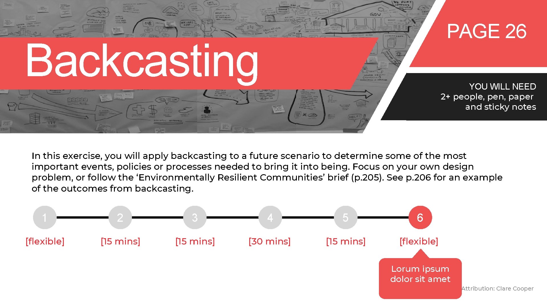 PAGE 26 Backcasting YOU WILL NEED 2+ people, pen, paper and sticky notes In