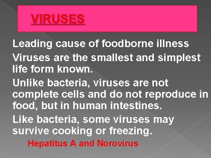 VIRUSES Leading cause of foodborne illness Viruses are the smallest and simplest life form