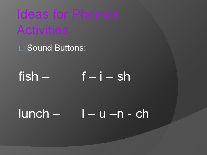 Ideas for Phonics Activities � Sound Buttons: fish – f – i – sh