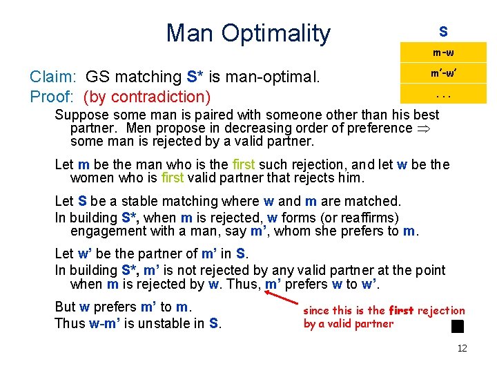 Man Optimality Claim: GS matching S* is man-optimal. Proof: (by contradiction) S m-w m’-w’.