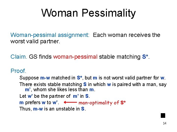 Woman Pessimality Woman-pessimal assignment: Each woman receives the worst valid partner. Claim. GS finds