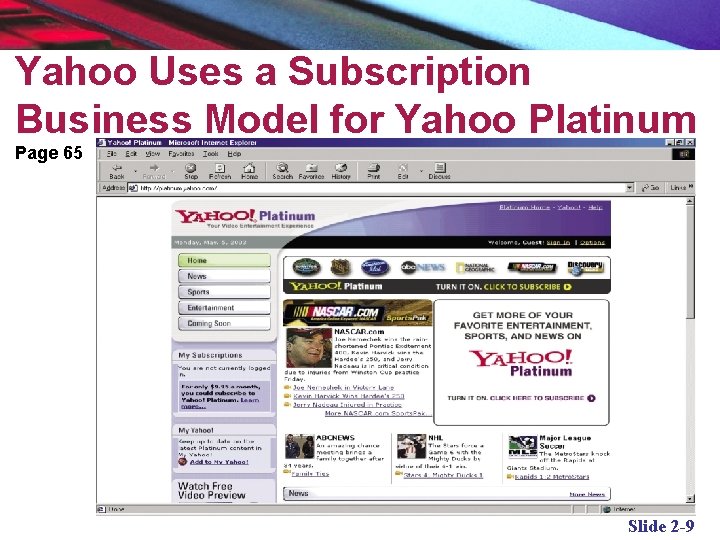 Yahoo Uses a Subscription Business Model for Yahoo Platinum Page 65 Slide 2 -9