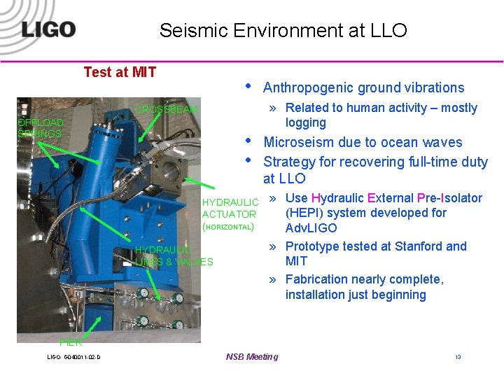 Seismic Environment at LLO Test at MIT • Anthropogenic ground vibrations » Related to