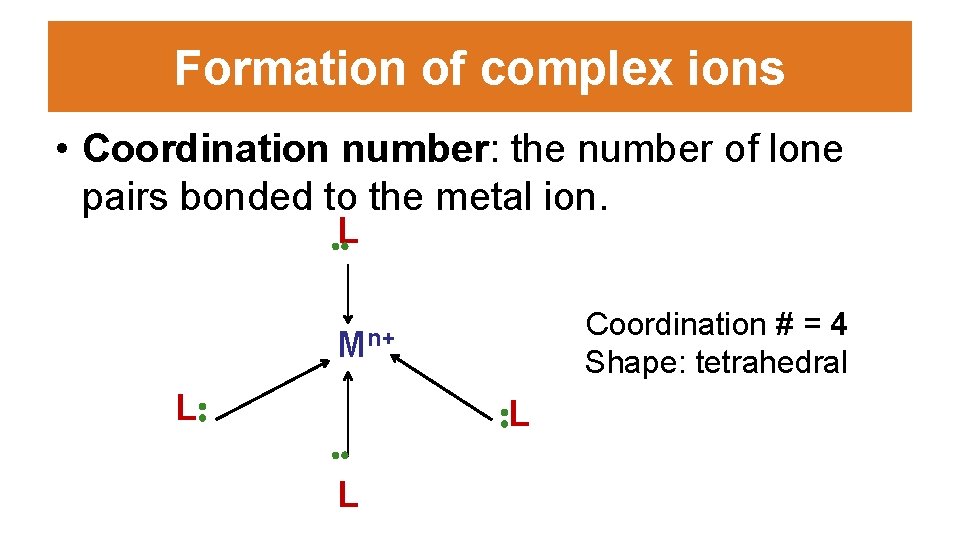 Formation of complex ions • Coordination number: the number of lone pairs bonded to