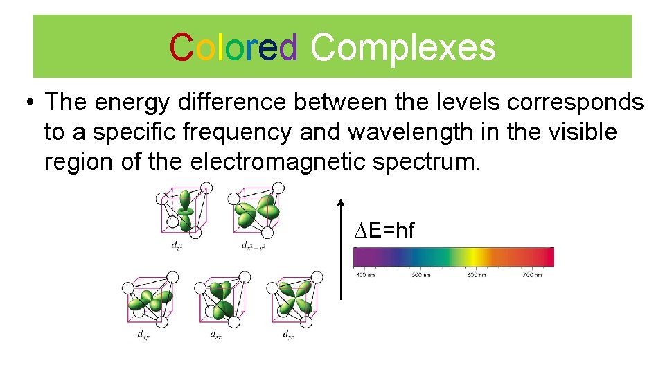 Colored Complexes • The energy difference between the levels corresponds to a specific frequency