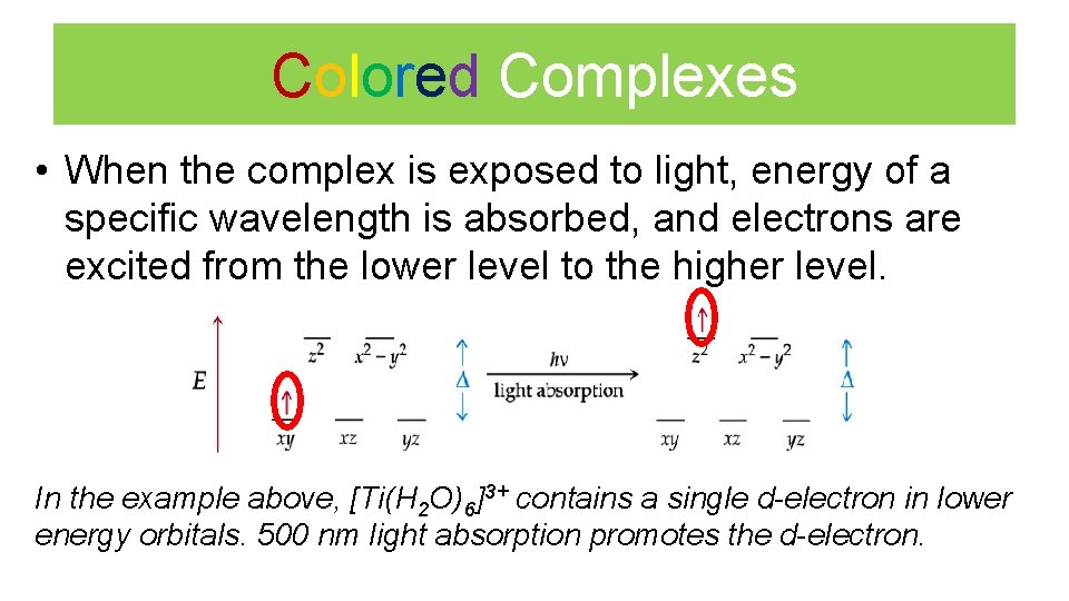 Colored Complexes • When the complex is exposed to light, energy of a specific