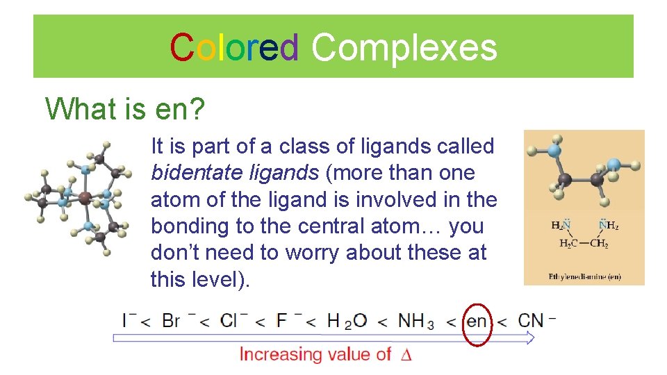 Colored Complexes What is en? It is part of a class of ligands called