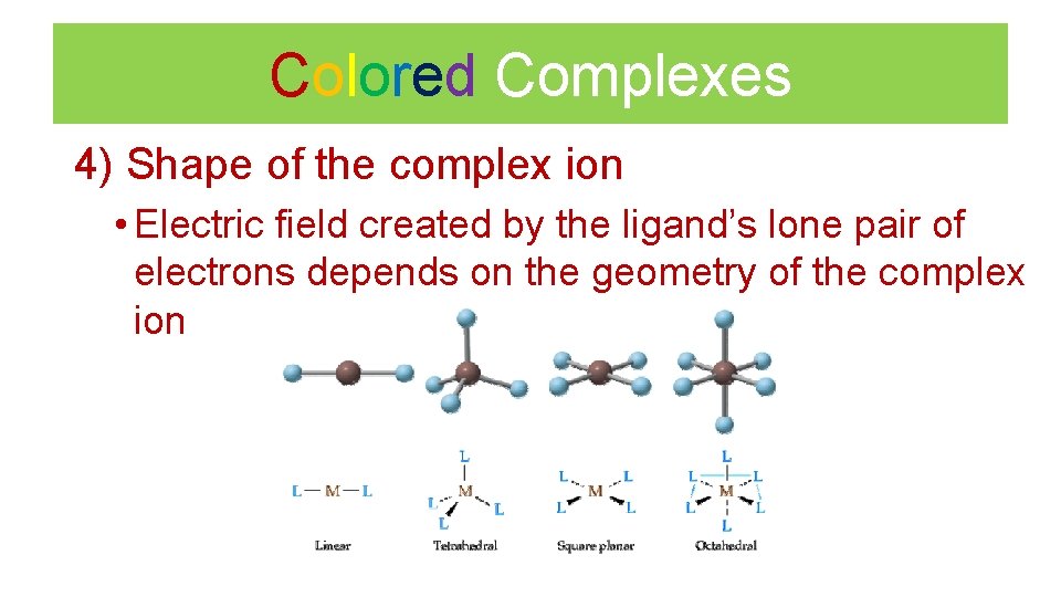Colored Complexes 4) Shape of the complex ion • Electric field created by the