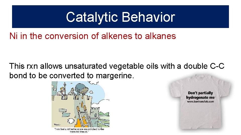 Catalytic Behavior Ni in the conversion of alkenes to alkanes This rxn allows unsaturated
