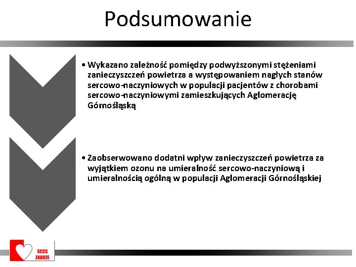 Podsumowanie • Wykazano zależność pomiędzy podwyższonymi stężeniami zanieczyszczeń powietrza a występowaniem nagłych stanów sercowo-naczyniowych