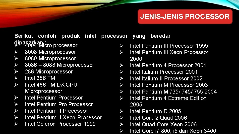 JENIS-JENIS PROCESSOR Berikut contoh produk intel processor dipasarkan : Ø 4004 Micro processor Ø