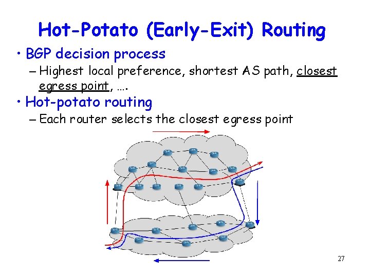 Hot-Potato (Early-Exit) Routing • BGP decision process – Highest local preference, shortest AS path,