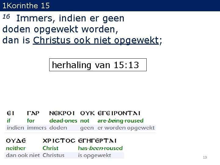 1 Korinthe 15 Immers, indien er geen doden opgewekt worden, dan is Christus ook