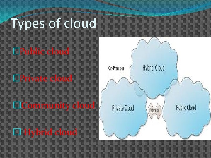 Types of cloud �Public cloud �Private cloud �Community cloud � Hybrid cloud 