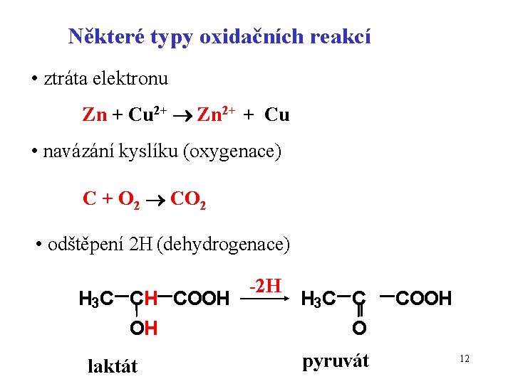 Některé typy oxidačních reakcí • ztráta elektronu Zn + Cu 2+ Zn 2+ +