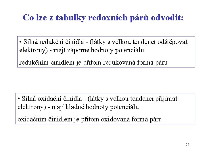Co lze z tabulky redoxních párů odvodit: • Silná redukční činidla - (látky s