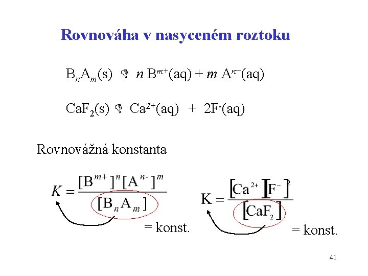 Rovnováha v nasyceném roztoku Bn. Am(s) n Bm+(aq) + m An−(aq) Ca. F 2(s)
