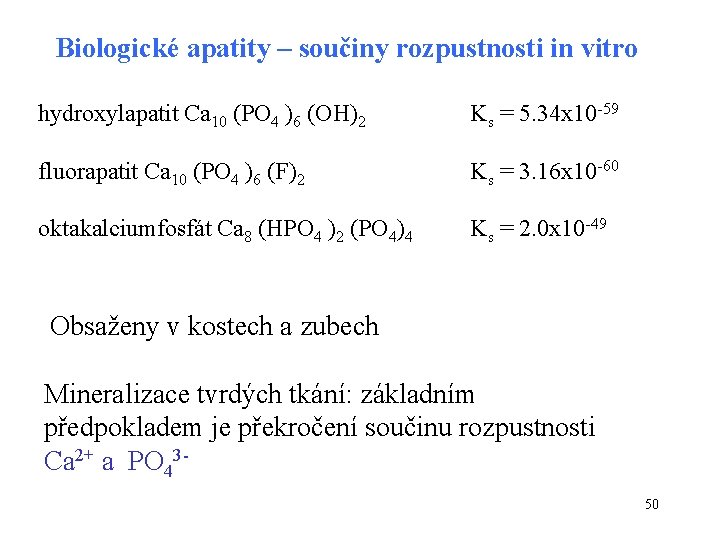 Biologické apatity – součiny rozpustnosti in vitro hydroxylapatit Ca 10 (PO 4 )6 (OH)2