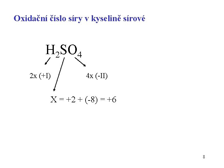 Oxidační číslo síry v kyselině sírové H 2 SO 4 2 x (+I) 4
