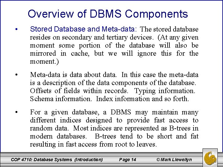 Overview of DBMS Components • Stored Database and Meta-data: The stored database resides on