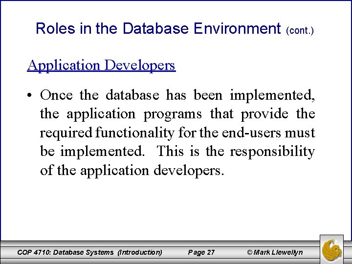 Roles in the Database Environment (cont. ) Application Developers • Once the database has