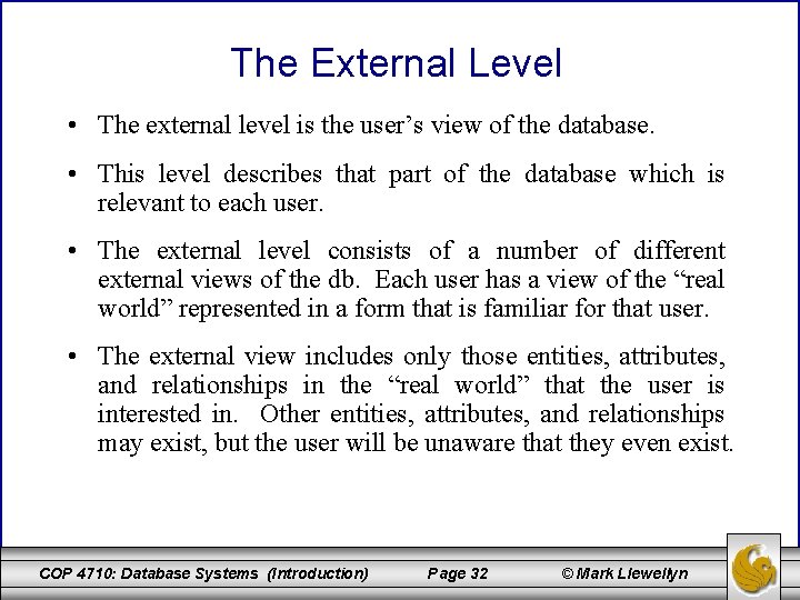 The External Level • The external level is the user’s view of the database.