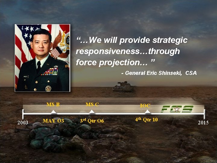 “…We will provide strategic responsiveness…through force projection… ” - General Eric Shinseki, CSA 2003