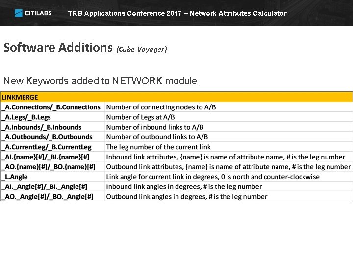 TRB Applications Conference 2017 – Network Attributes Calculator Software Additions (Cube Voyager) New Keywords