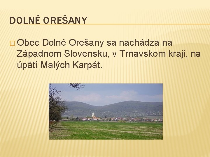 DOLNÉ OREŠANY � Obec Dolné Orešany sa nachádza na Západnom Slovensku, v Trnavskom kraji,