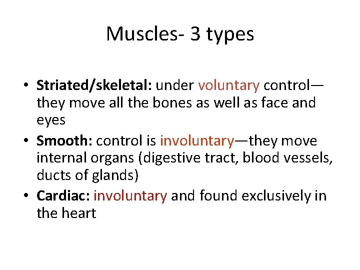 Muscles- 3 types • Striated/skeletal: under voluntary control— they move all the bones as