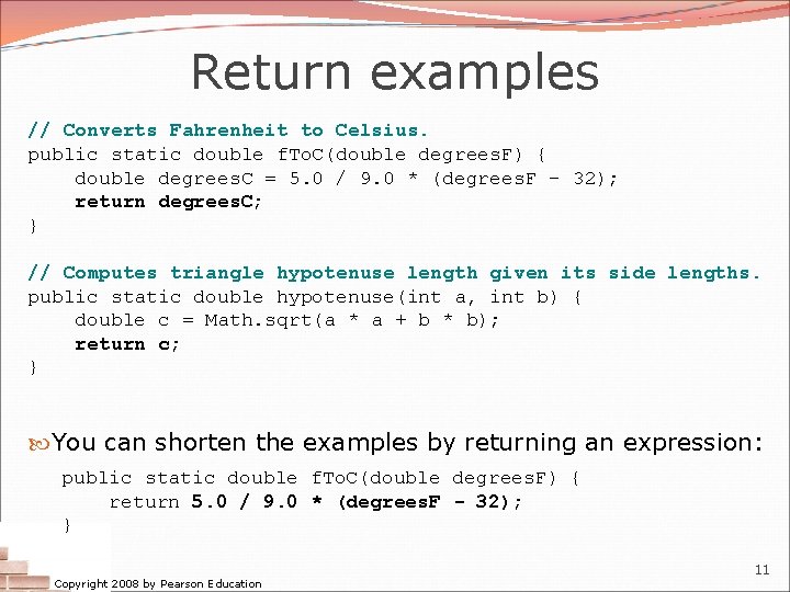 Return examples // Converts Fahrenheit to Celsius. public static double f. To. C(double degrees.