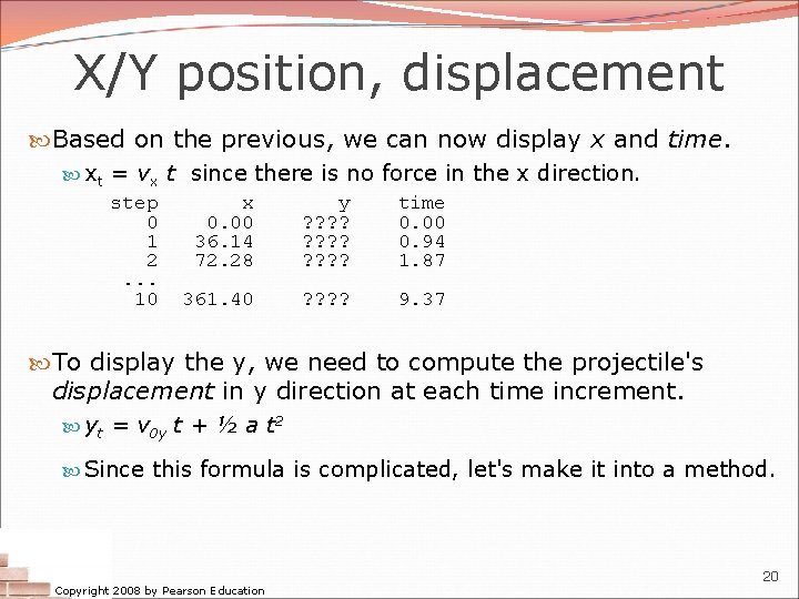 X/Y position, displacement Based on the previous, we can now display x and time.