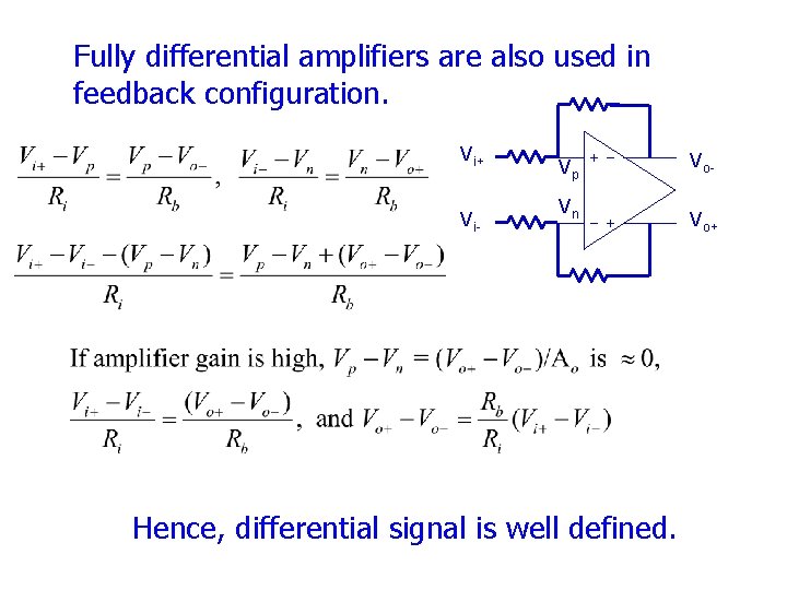Fully differential amplifiers are also used in feedback configuration. Vi+ Vi- Vp Vn Hence,