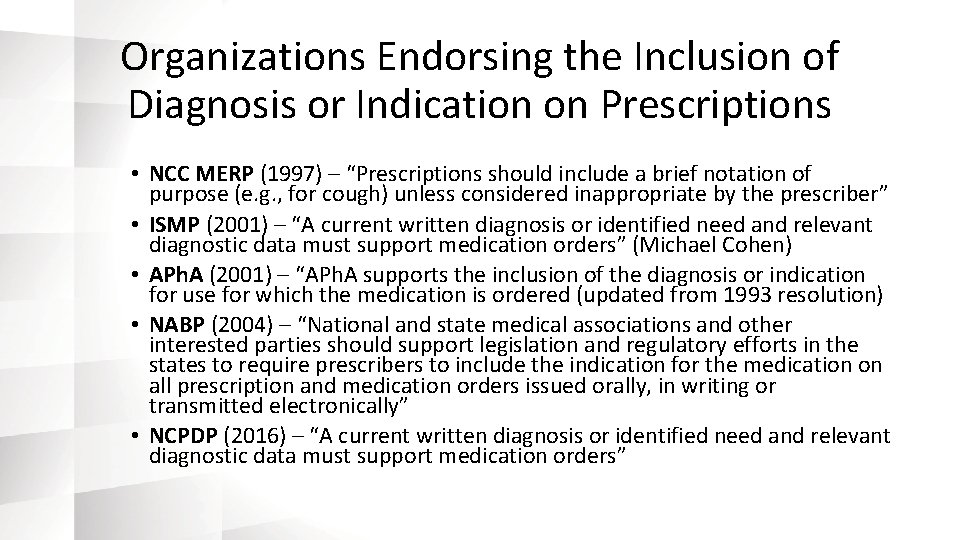 Organizations Endorsing the Inclusion of Diagnosis or Indication on Prescriptions • NCC MERP (1997)