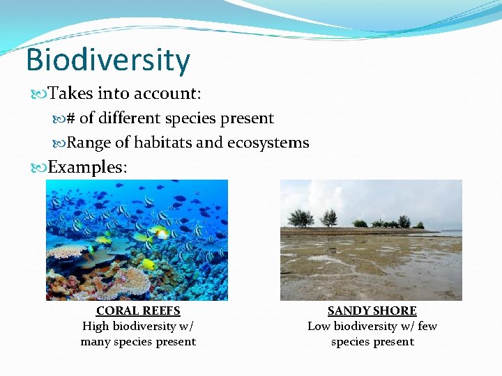 Biodiversity Takes into account: # of different species present Range of habitats and ecosystems