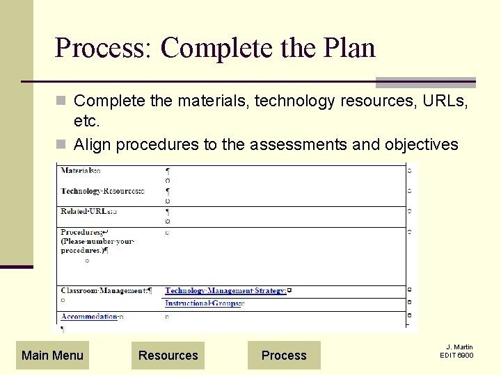 Process: Complete the Plan n Complete the materials, technology resources, URLs, etc. n Align