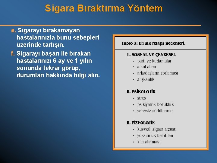 Sigara Bıraktırma Yöntem e. Sigarayı bırakamayan hastalarınızla bunu sebepleri üzerinde tartışın. f. Sigarayı başarı