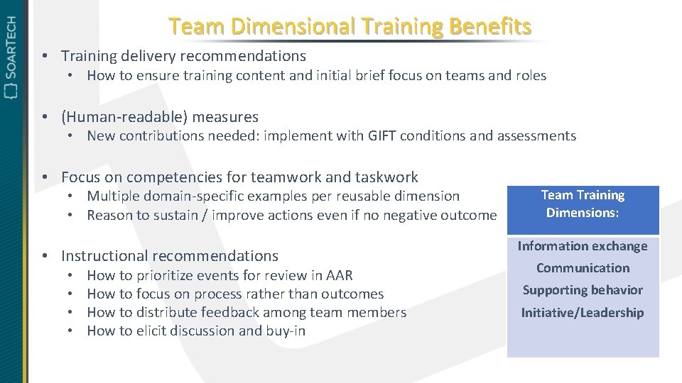 Team Dimensional Training Benefits • Training delivery recommendations • How to ensure training content