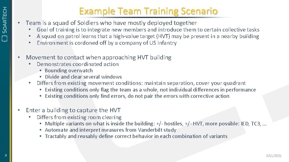 Example Team Training Scenario • Team is a squad of Soldiers who have mostly