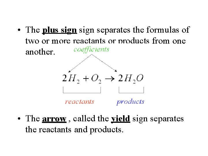 • The plus sign separates the formulas of two or more reactants or • The plus sign separates the formulas of two or more reactants or