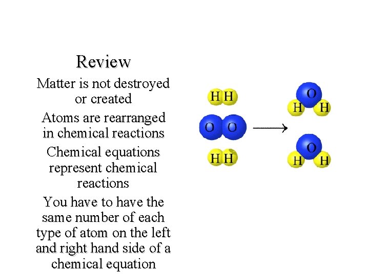 Review Matter is not destroyed or created Atoms are rearranged in chemical reactions Chemical Review Matter is not destroyed or created Atoms are rearranged in chemical reactions Chemical