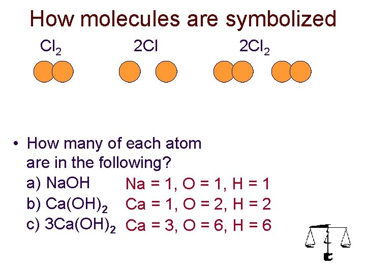 How molecules are symbolized Cl 2 2 Cl 2 • How many of each How molecules are symbolized Cl 2 2 Cl 2 • How many of each