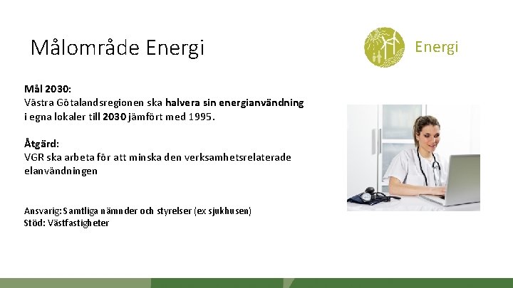Målområde Energi A K Mål 2030: Västra Götalandsregionen ska halvera sin energianvändning i egna