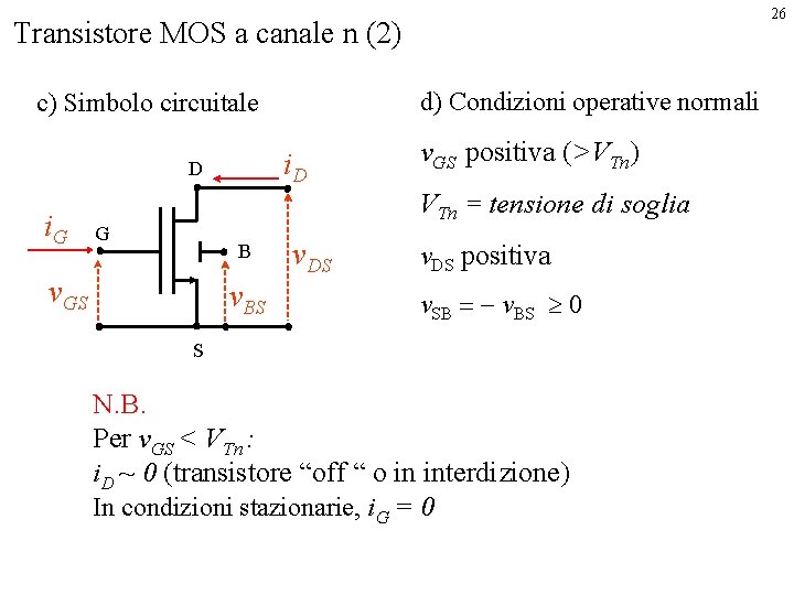 26 Transistore MOS a canale n (2) d) Condizioni operative normali c) Simbolo circuitale