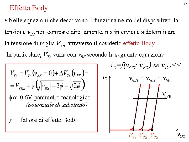 29 Effetto Body • Nelle equazioni che descrivono il funzionamento del dispositivo, la tensione