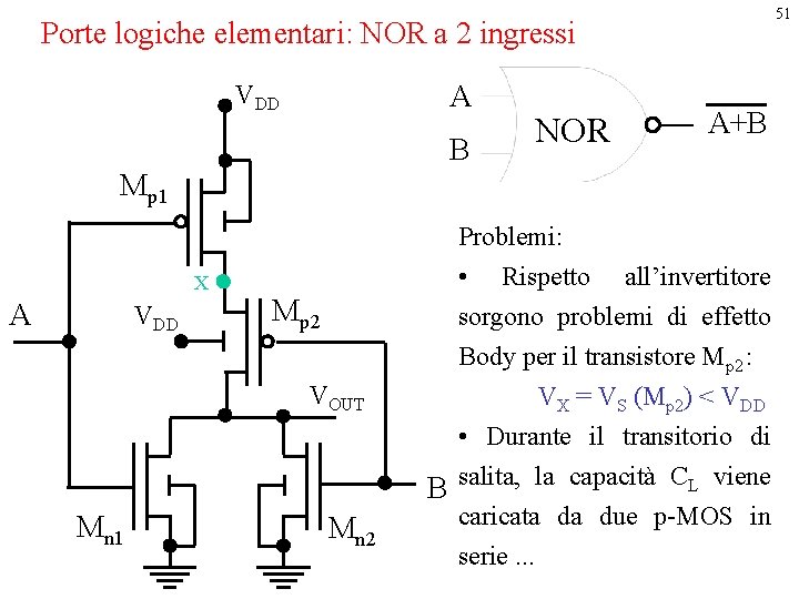 51 Porte logiche elementari: NOR a 2 ingressi A VDD B NOR A+B Mp