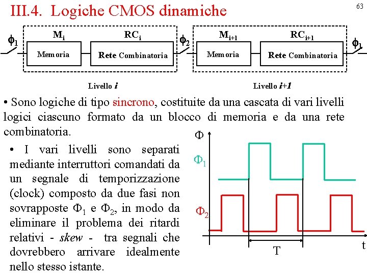III. 4. Logiche CMOS dinamiche f 1 Mi Memoria RCi Rete Combinatoria Livello i