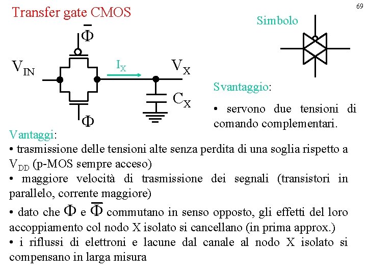 69 Transfer gate CMOS Simbolo F VIN IX VX CX F Svantaggio: • servono