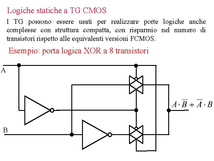 Logiche statiche a TG CMOS I TG possono essere usati per realizzare porte logiche